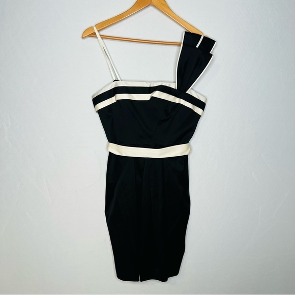 NWT! BCBG Maxazria Black Stretch Satin One-Shoulder Cokctail Dress. Size 6. - Picture 3 of 15